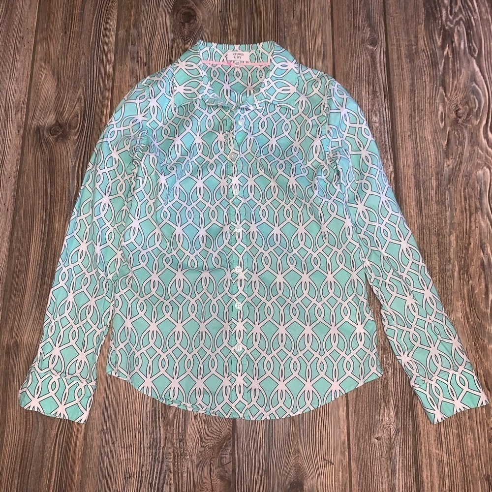 Crown & Ivy Button-Down Shirt Teal and white Pattern Nautical Classic Extra S